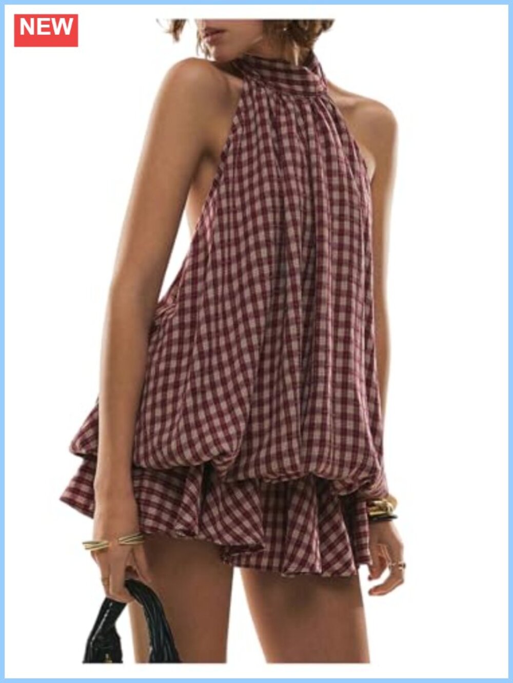 Womens Plaid Halter Mini Dress Ruffle Bubble Hem Gingham A-Line Sundress